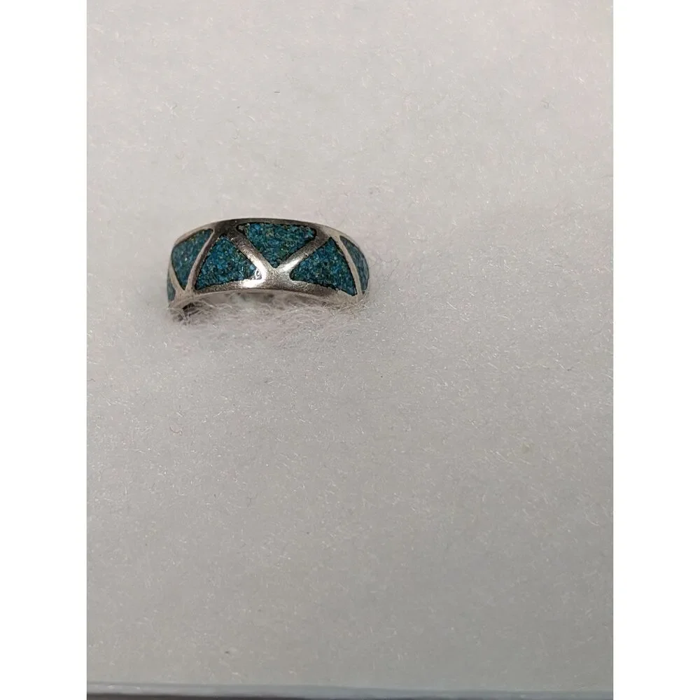 Vintage Turquoise Inlay Sterling Silver Ring, Size 7